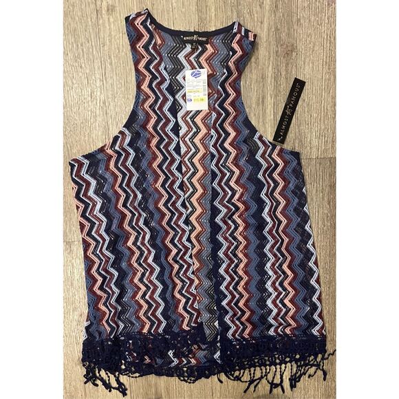 Almost Famous Blue and Pink ZigZag Vest Fringe 1X New - Picture 1 of 5